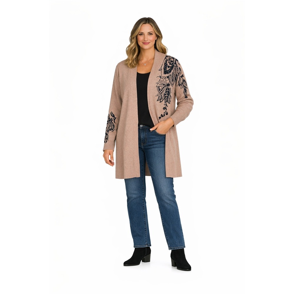 Chicos Women's Size 2 Large Open Front Tan Floral Knit Longline Sweater Cardigan